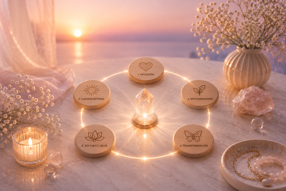 Composición espiritual con cristales, símbolos y palabras relacionadas con el cambio y la transformación, iluminados en círculo frente a un amanecer en tonos cálidos.