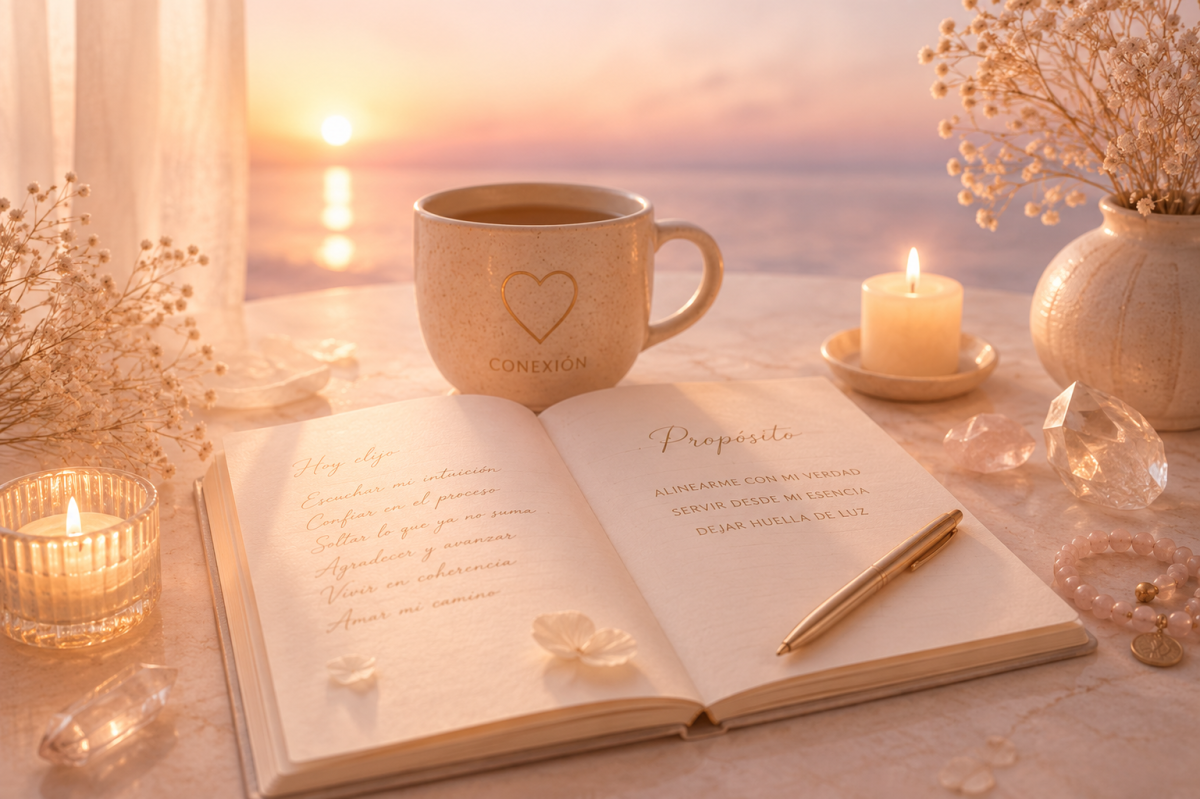 Cuaderno abierto junto a una taza, velas y cristales frente a un amanecer, creando un espacio de calma, introspección y conexión con el propósito personal.