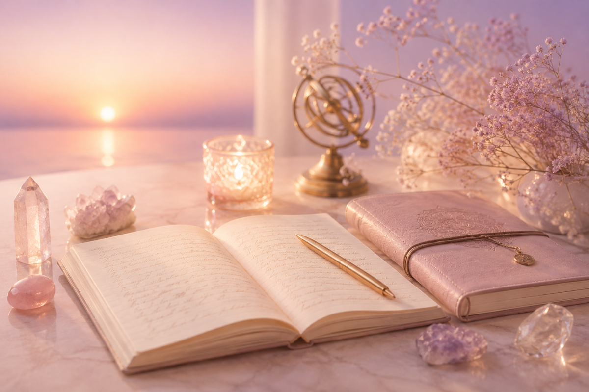 Cuaderno abierto rodeado de cristales, una vela y elementos espirituales en tonos suaves, representando la conexión interior y el acceso a los Registros Akáshicos.